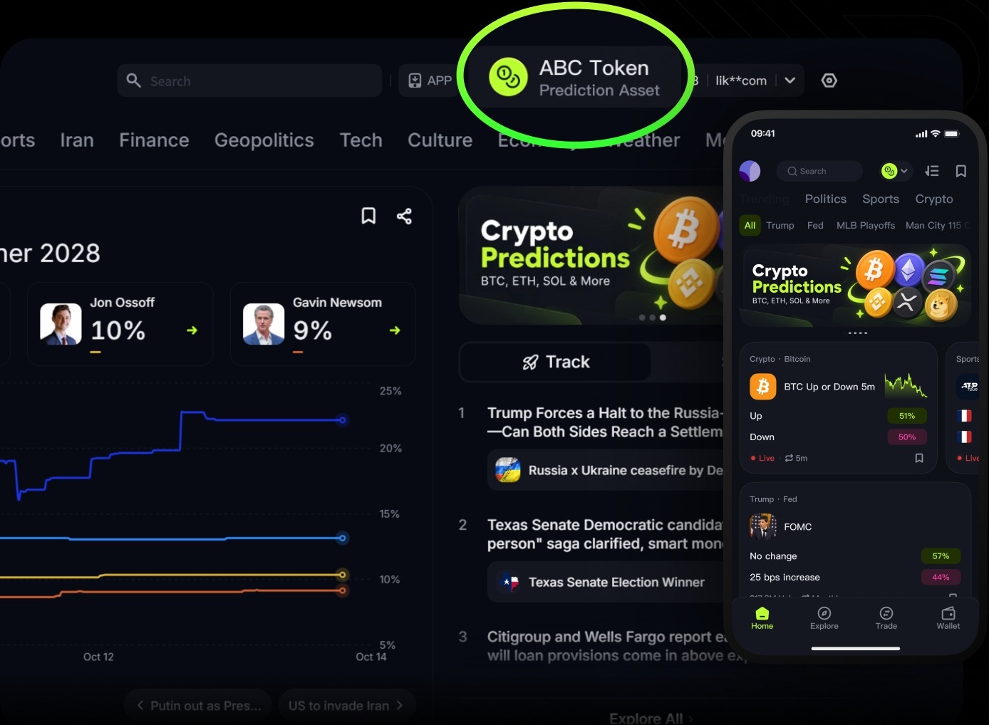 Illustrative ABC Token prediction market on desktop and mobile